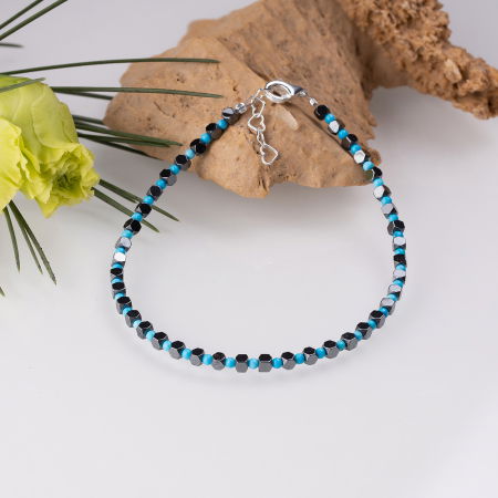 Brățari Argint - Bratara argint subtire din cuburi de hematit argintiu inchis si turcoaz 1.5mm