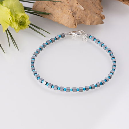 Brățari Argint - Bratara argint subtire din cuburi de hematit argintiu mat si turcoaz 1.5mm