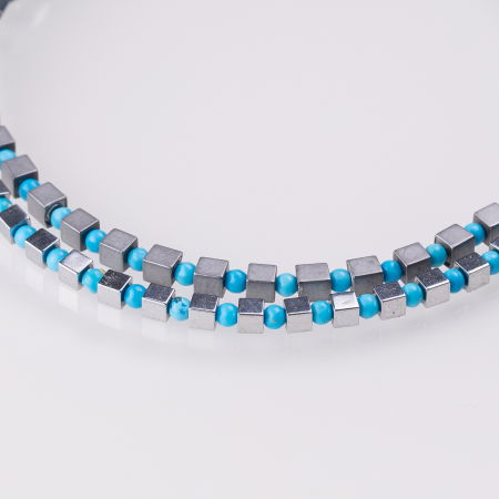 Bratara argint subtire din cuburi de hematit argintiu mat si turcoaz 1.5mm [2]