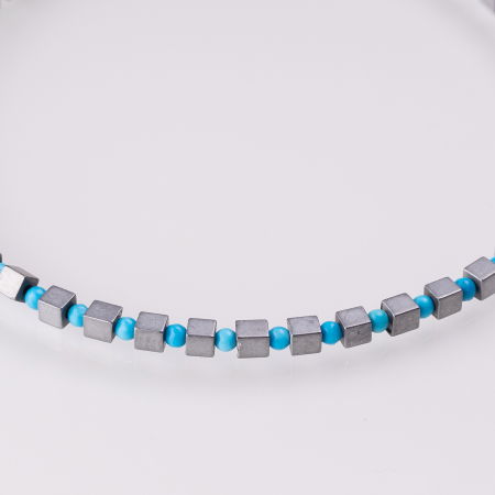 Bratara argint subtire din cuburi de hematit argintiu mat si turcoaz 1.5mm [1]