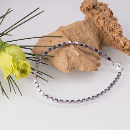 BIJUTERII - Bratara argint subtire din cuburi de hematit argintiu si rodonit 1.5mm