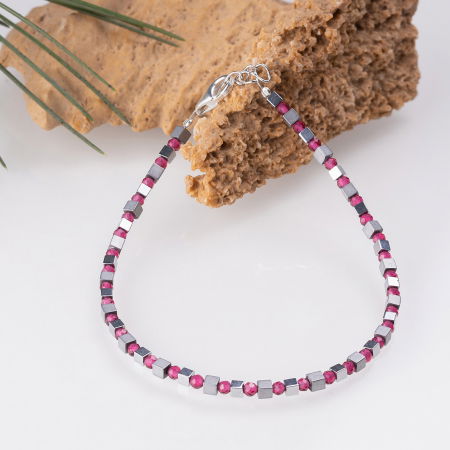 Brățari Argint - Bratara argint subtire din cuburi de hematit argintiu si cubic zirconia trandafiriu 1.5mm