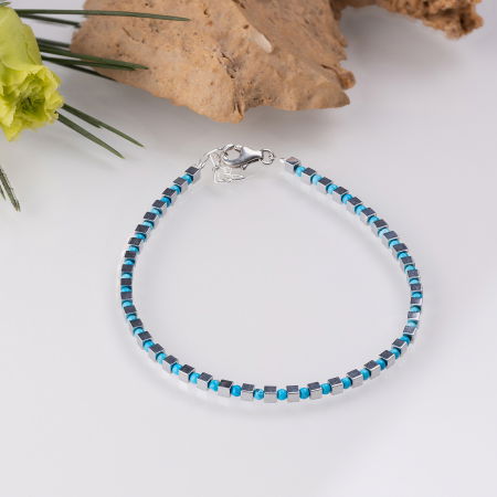 Brățari Argint - Bratara argint subtire din cuburi de hematit argintiu si turcoaz 1.5mm