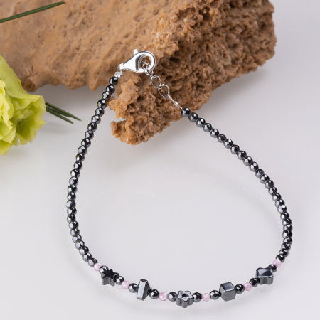 Brățari Argint - Bratara argint subtire din hematit argintiu inchis si cubic zirconia roz deschis 1.5 mm