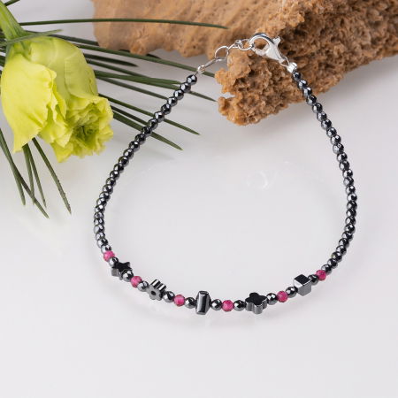 Brățari Argint - Bratara argint subtire din hematit argintiu inchis si cubic zirconia roz trandafiriu 1.5 mm