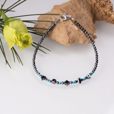 Brățari Argint - Bratara argint subtire din hematit argintiu inchis si turcoaz 1.5 mm