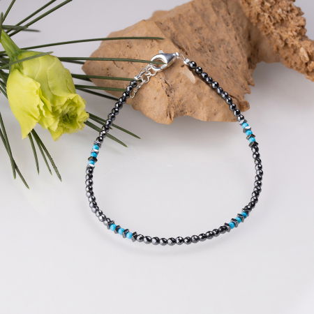 BIJUTERII - Bratara argint subtire din hematit argintiu inchis si turcoaz 1.5mm