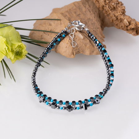 Bratara argint subtire din hematit argintiu inchis si turcoaz 1.5mm [2]
