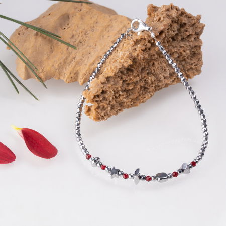 Brățari Argint - Bratara argint subtire din hematit argintiu si cubic zirconia grena