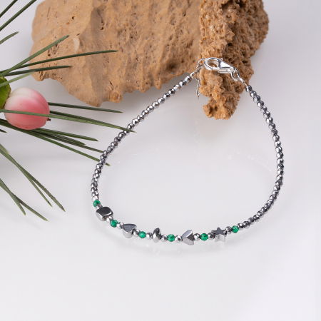 Brățari Argint - Bratara argint subtire din hematit argintiu si cubic zirconia verde