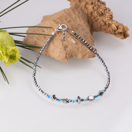 Brățari Argint - Bratara argint subtire din hematit argintiu si turcoaz 1.5mm