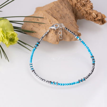 Brățari Argint - Bratara argint subtire din hematit argintiu si turcoaz 1.5mm