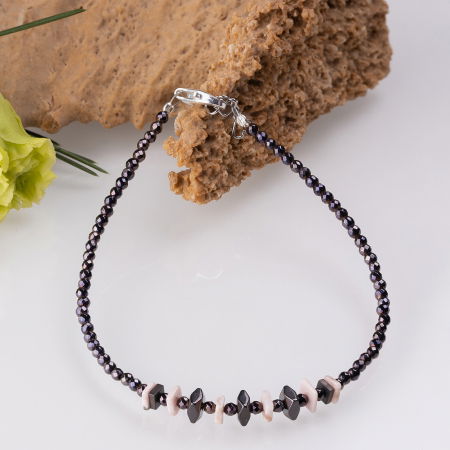 Brățari Argint - Bratara argint subtire din hematit cu tenta maronie si placute roz de rodonit