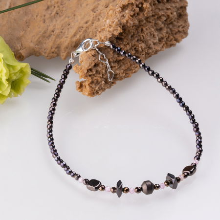 Brățari Argint - Bratara argint subtire din hematit si cubic zirconia roz deschis 1.5 mm