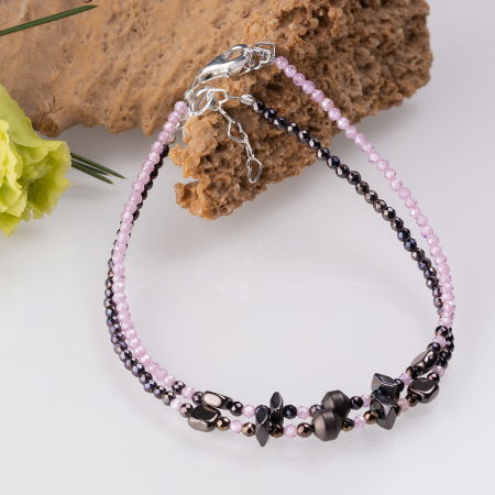 Bratara argint subtire din hematit si cubic zirconia roz deschis 1.5 mm [2]