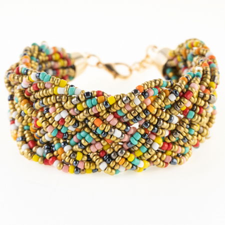 Brățări - Bratara cu 4 siruri impletite din margelute multicolore si aurii