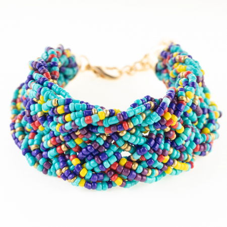 Brățări - Bratara cu 4 siruri impletite din margelute turcoaz, mov si alte culori