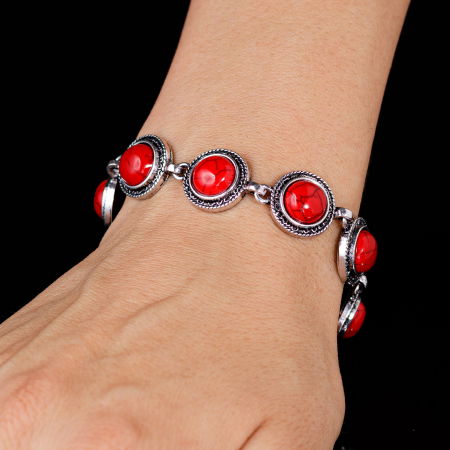 Bratara cu 7 elemente rotunde din piatra naturala de coral rosu [1]