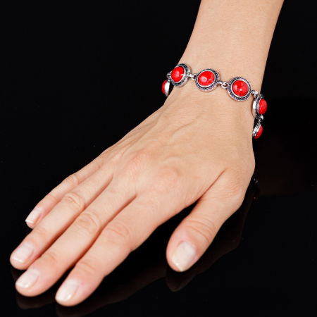 Brățări - Bratara cu 7 elemente rotunde din piatra naturala de coral rosu