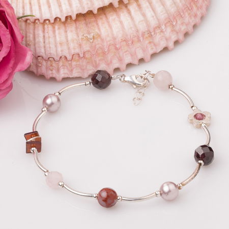 Brățari Argint - Bratara cu tuburi, agate si floricica din argint