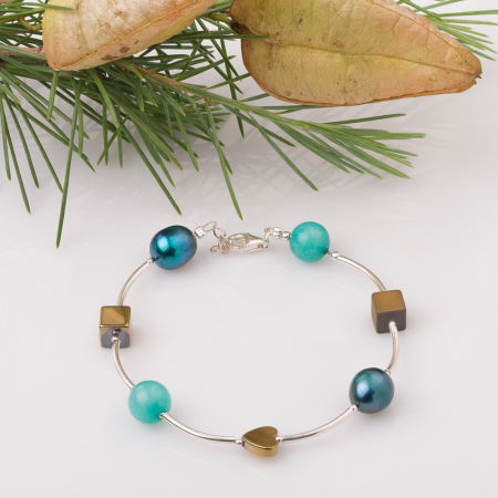 Brățari Argint - Bratara cu tuburi, amazonit si inimioara din hematit