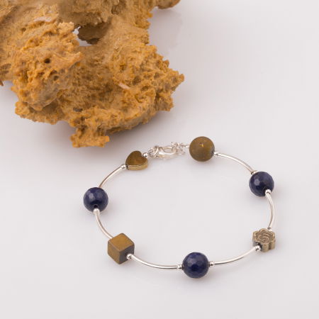 Brățari Argint - Bratara cu tuburi, floare si inima din hematit