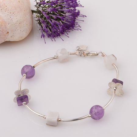 Brățari Argint - Bratara cu tuburi, flori din argint si ametist