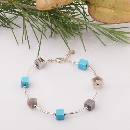 Brățari Argint - Bratara cu tuburi, flori din argint si cuburi de turcoaz