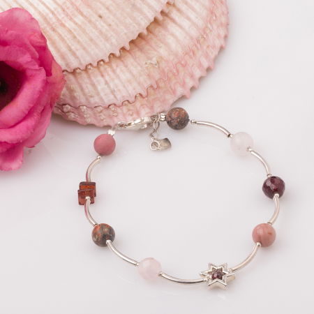 Brățari Argint - Bratara cu tuburi, granate si floricica din argint