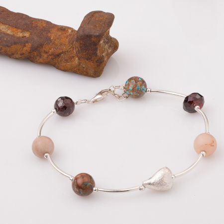 Brățari Argint - Bratara cu tuburi, granate si inima din argint