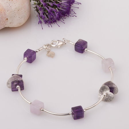 Brățari Argint - Bratara cu tuburi, inimi din argint si ametist