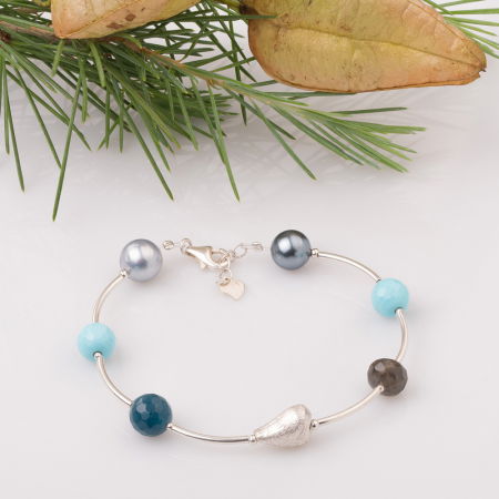 Brățari Argint - Bratara cu tuburi, labradorit si inima din argint