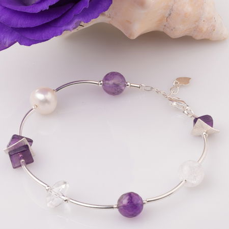 Brățari Argint - Bratara cu tuburi, placute din argint si ametist