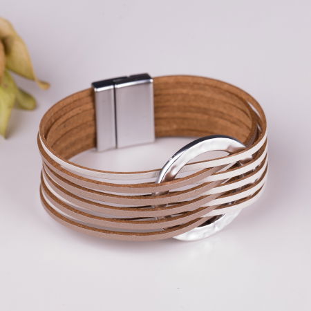 Brățări - Bratara magnetica multisir alb-bej cu cerc metalic