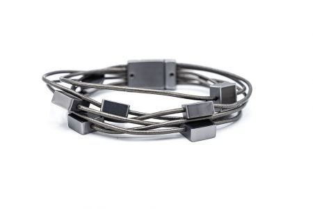 Brățări - Bratara magnetica multisir din 6 fire piele ecologica cu patrate argintiu mat