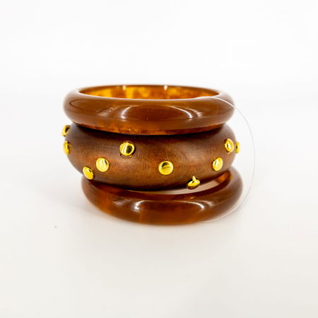 Brățări - Set de trei bratari din lemn si rasina cu detalii aurii, maro