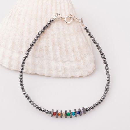 Brățari Argint - Bratara subtire din hematit gri si cubic zirconia multicolor