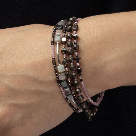 Bratari argint 2 in set din hematit cu tenta de maroniu si cubic zirconia roz deschis 1.5 mm [4]