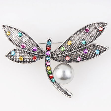 Bijuterii Noutați - Brosa argintie libelula cu pietre multicolore si perla ecologica alba