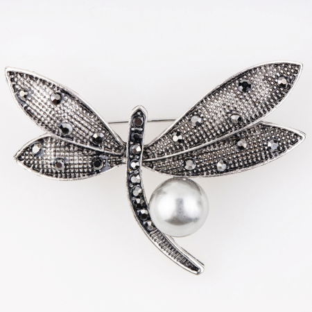 Bijuterii Noutați - Brosa argintiu antichizat libelula cu pietre si perla ecologica alba