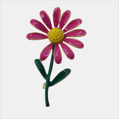 Bijuterii Noutați - Brosa eleganta floare fucsia cu codita verde, din metal cu efect emailat