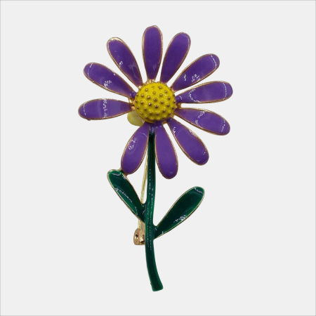 Bijuterii Noutați - Brosa eleganta floare mov cu codita verde, din metal cu efect emailat