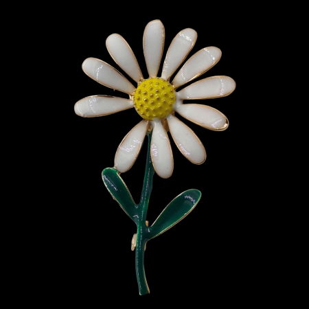 Brosa eleganta floare alba cu codita verde, din metal cu efect emailat [1]