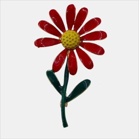 Bijuterii Noutați - Brosa eleganta floare rosie cu codita verde, din metal cu efect emailat