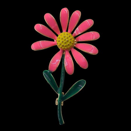 Brosa eleganta floare roz cu codita verde, din metal cu efect emailat [1]
