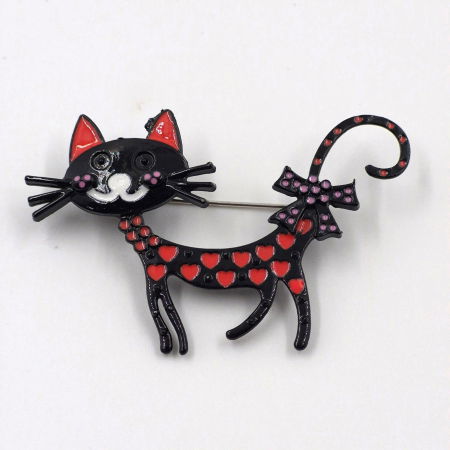 Broșe - Brosa metalica pisicuta neagra cu inimioare rosii si fundita