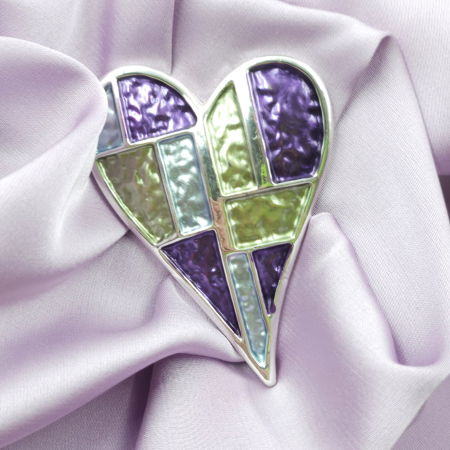 Broșe - Brosa magnetica argintie, inima cu mov si gri