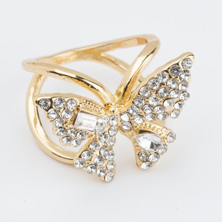 BIJUTERII - Brosa inel pentru esarfa, fluture auriu cu pietricele albe