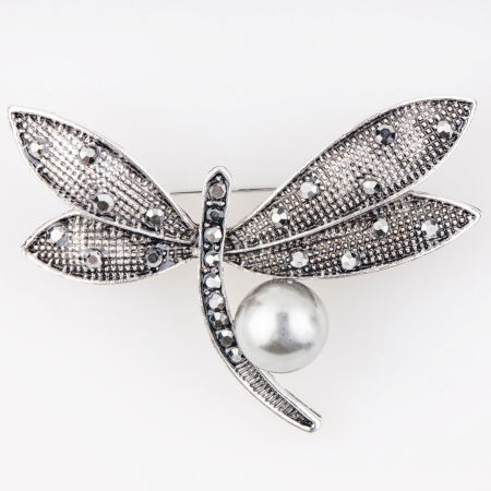 Bijuterii Noutați - Brosa argintie libelula cu pietre si perla ecologica alba
