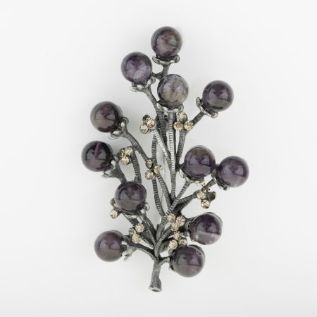 BIJUTERII - Brosa metalica argintie crenguta cu ametist si pietricele argintii
